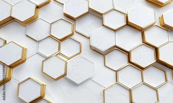 Fototapeta Orientalstyle geometric seamless pattern with gold hexagon shape and line, with white background