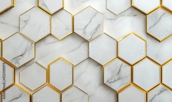Obraz Orientalstyle geometric seamless pattern with gold hexagon shape and line, with white background