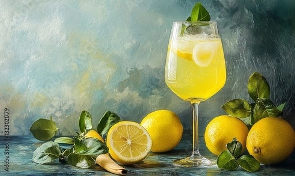 Obraz Homemade Limoncello spritz drink of liqueur, sparkling wine and lemon in cocktail glass