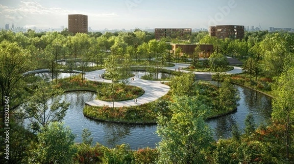Fototapeta Serpentine walkway winds through a lush green park with ponds and modern buildings in the background.