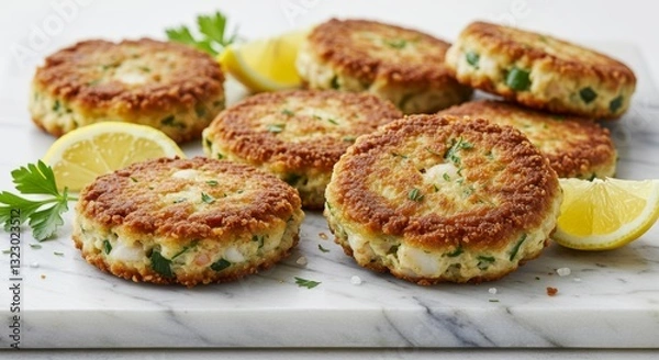 Fototapeta Culinary Delights: Savor the exquisite taste of freshly prepared crab cakes, garnished with vibrant lemon wedges and fresh parsley, creating a delightful culinary experience.