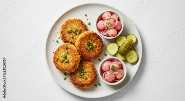 Fototapeta Crispy Potato Cakes and Pickles: An overhead shot captures crispy golden potato cakes served with pickled onions and cucumbers, a delightful pairing of textures and flavors, enticing the palate.