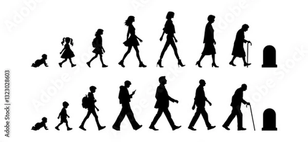 Fototapeta Vector illustration. Silhouette of growing up man from baby to old age. Many people of different ages in a row.	