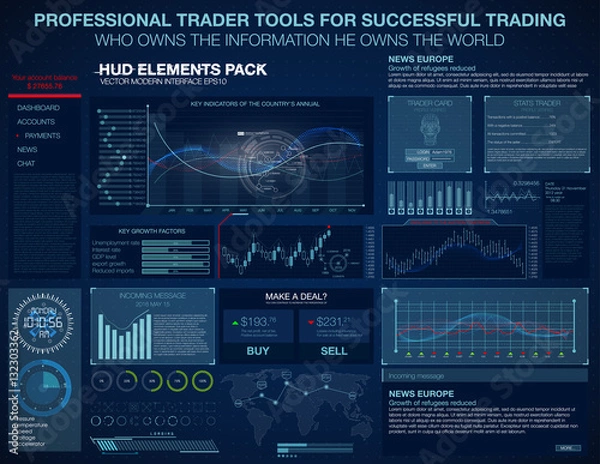 Fototapeta HUD UI UX for trading business app. Abstract futuristic HUD and Infographic elements. Virtual space. Future touch interface. Hud exchange trading tools. Set elements for web or motion design