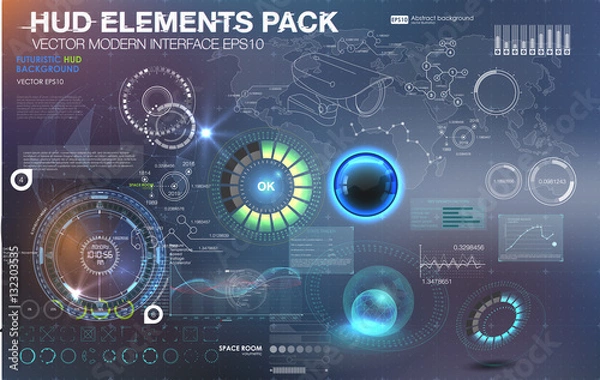 Fototapeta Fantastic abstract background with different elements of the HUD. Big set of various HUD elements. Charts, ratings style HUD switches and various geometrical objects.