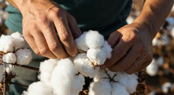 Obraz Hands carefully picking fluffy cotton bolls on a sunny day in the field, ready for harvest.