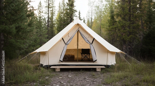 Fototapeta Cozy Camping Retreat: An inviting canvas tent stands nestled amidst towering evergreen trees, offering a peaceful outdoor escape, evoking a sense of tranquility and adventure. 