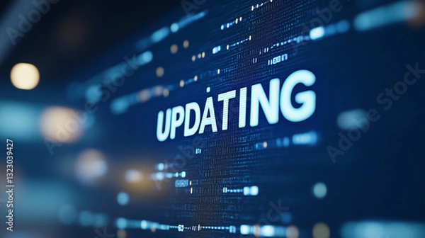 Fototapeta Digital Update: A close-up captures the dynamic digital world, showcasing an "UPDATING" message on a glowing screen, suggesting progress and the changing world of tech.