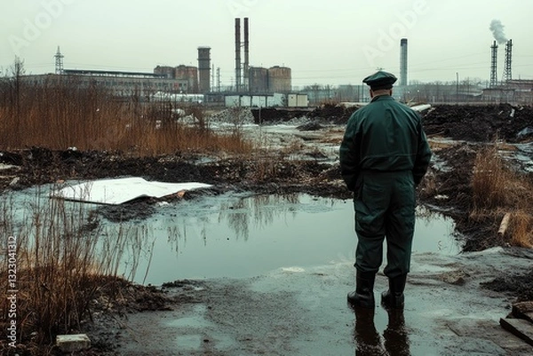 Obraz Person in uniform observes polluted industrial landscape.