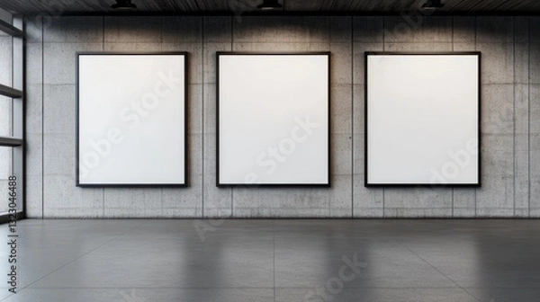 Fototapeta Three Blank White Frames Hanging on Concrete Wall for Mockup Purposes