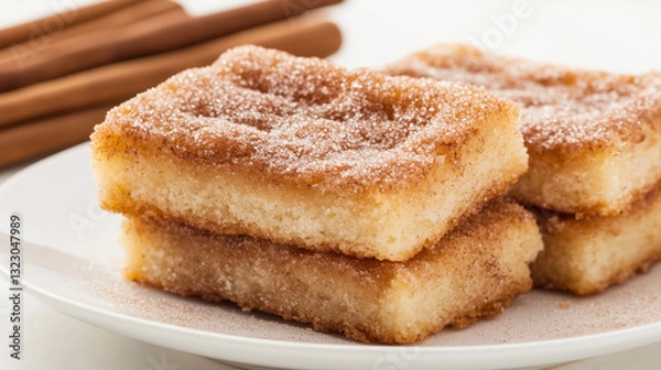 Fototapeta Sweet Cinnamon Squares: Indulge your senses with this delicious image of cinnamon squares arranged on a plate, alongside a display of cinnamon sticks that adds warmth and enhances the cozy appeal.