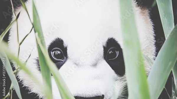 Obraz Amidst towering bamboo, a giant panda nibbles on fresh leaves, its expressive face and fluffy fur bathed in soft natural light, perfectly blending into the tranquil beauty of its wild habitat