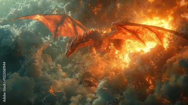 Fototapeta Fiery dragon soaring through stormy clouds.
