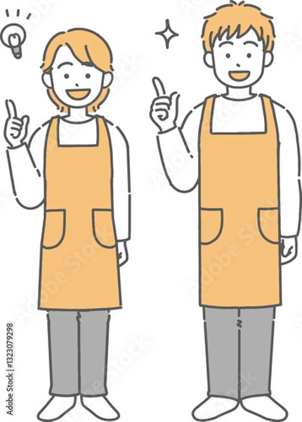 Fototapeta 何かを閃いた、エプロンをしている若い男女の全身イラスト
