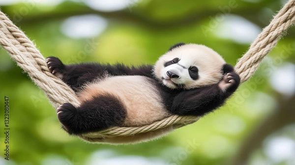 Obraz A fluffy panda cub lounges on a durable rope, swaying gently as it rests in a protected sanctuary, a safe haven where endangered wildlife thrives in a peaceful and nurturing environment