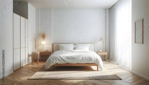 Fototapeta A clean and inviting bedroom features a large bed adorned with soft blankets and pillows
