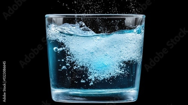 Obraz Sparkling blue denture cleaning tablet in a glass of water, releasing oxygen bubbles.