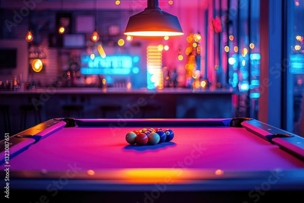 Fototapeta Modern lounge's pool table softly glows under neon lighting.
