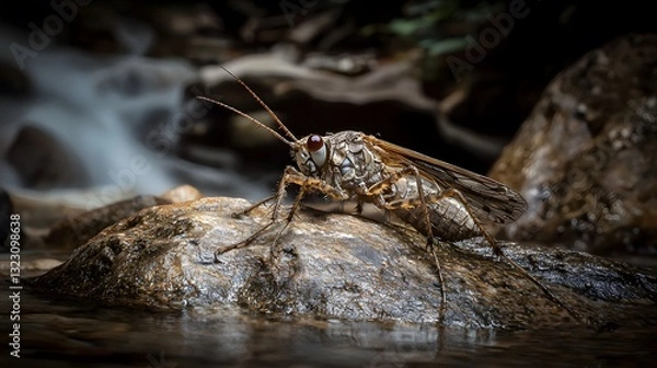 Fototapeta Detailed Close up of a Brown Insect on a Rock Near a Stream