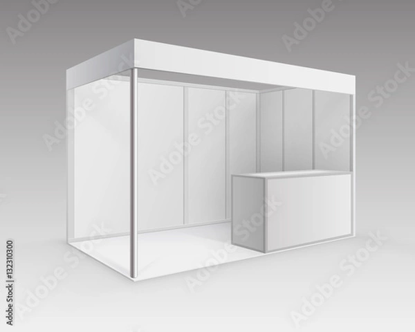 Fototapeta Vector White Blank Indoor Trade exhibition Booth Standard Stand for Presentation with Counter Isolated in Perspective on Background