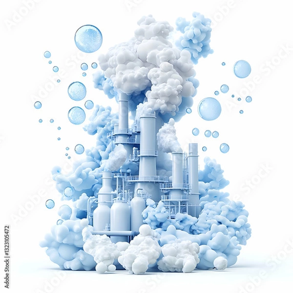 Fototapeta Industrial Factory Surrounded by Colorful Clouds and Bubbles