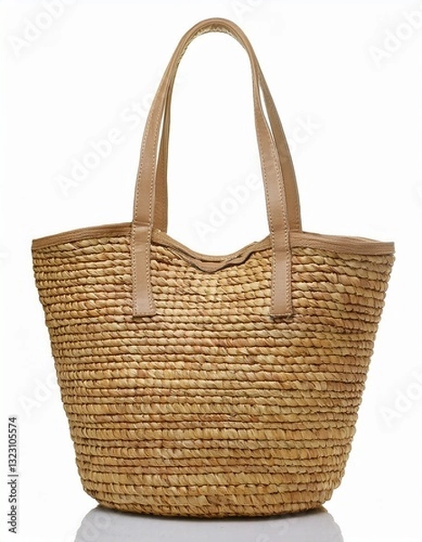 Obraz Tan straw tote bag with leather handles. Perfect summer accessory!