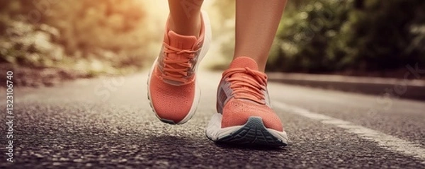 Obraz Person running outdoors on pavement with visible running shoes