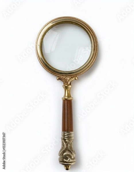 Fototapeta Antique magnifying glass with ornate brass frame and wooden handle. Perfect for adding a touch of vintage charm to your photos.