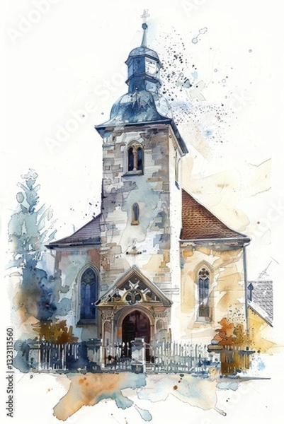 Obraz Artistic watercolor church painting depicting historic architecture for design and decor. For wedding, first communion, baptism invitation, greating card. Watercolor illustration