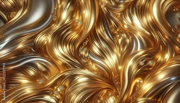Fototapeta Golden liquid swirls with metallic light and shiny star patterns