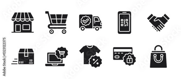 Fototapeta Solid black glyph icon set for ecommerce elements including shop, cart, QR code, delivery truck, discount tag, secure payment, order package, clothing, and shopping bag.