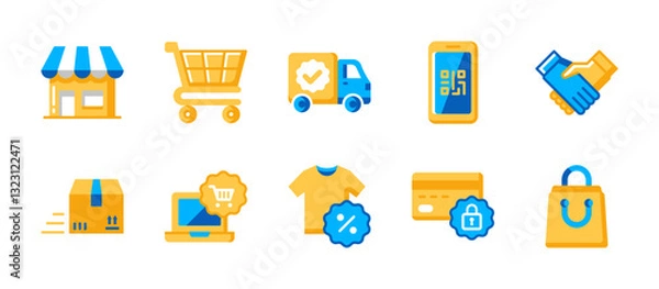 Fototapeta Flat style ecommerce icon set featuring shop, cart, delivery, QR code, discount, online shopping, payment, package, and shopping bag in clean modern vector design.
