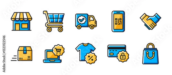 Fototapeta Vibrant colorful ecommerce icons including shop, cart, delivery, QR code, discount label, online shopping, secure payment, package, and shopping bag in modern flat vector style.