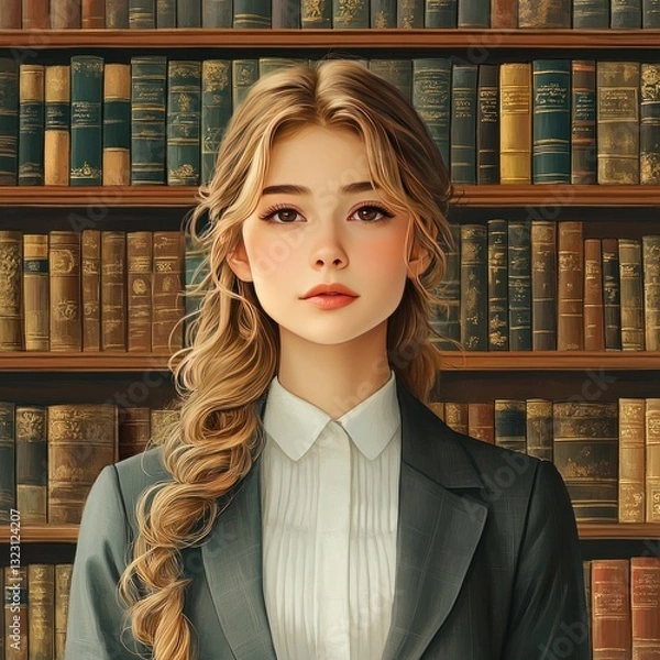 Fototapeta A young woman poses in front of a large library bookshelf