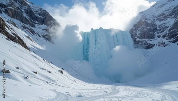 Fototapeta Breathtaking SnowCovered Mountain Range with Majestic Glacier on a Sunny Day. A large glacier in the middle of a snowy mountain range.