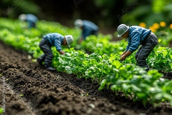 Fototapeta Miniature Figures Practicing Crop Rotation in Agriculture