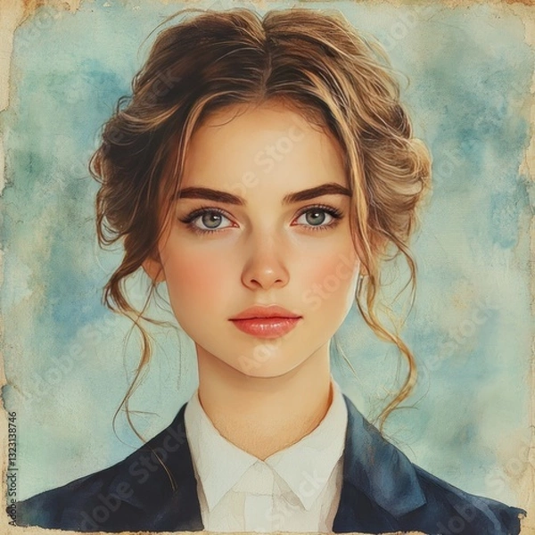 Fototapeta A young woman looks directly into the camera with confidence