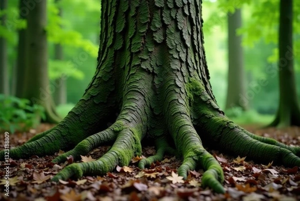 Fototapeta Tree trunk with gnarled bark and twisted roots, forest, plant, bark