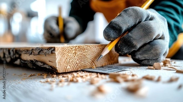 Fototapeta A carpenter is using a pencil to measure on wood