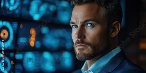 Fototapeta Intense focus analyst in high-tech control room corporate office portrait modern environment close-up data interpretation