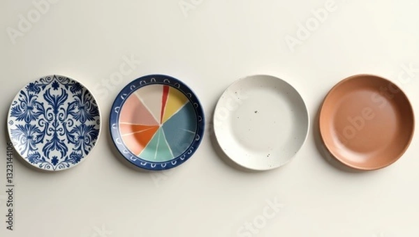 Fototapeta Decorative Plates Colorful Dinnerware Table Setting Flat Lay Ceramic Dishes Modern Design Home
