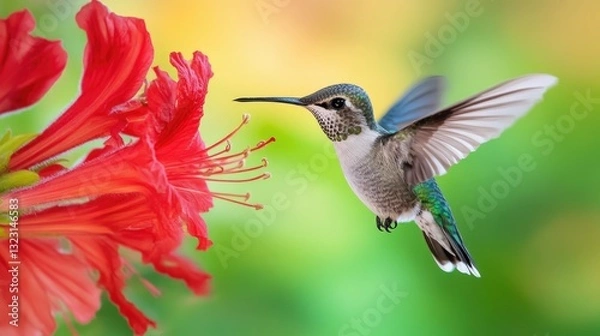 Fototapeta A tiny hummingbird hovers near a bright red flowering plant