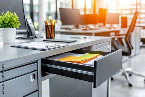 Fototapeta Modern office workspace with an open drawer filled with documents and stationery