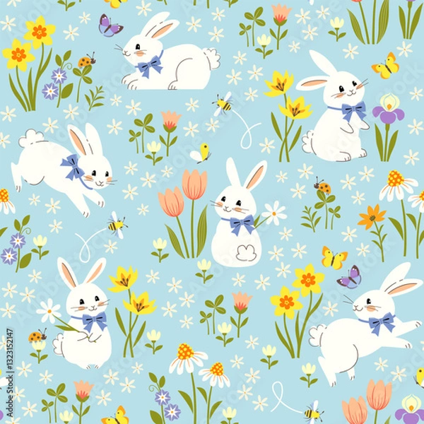 Obraz Vector seamless pattern of cute Easter Bunnies in blooming spring flowers on blue background.