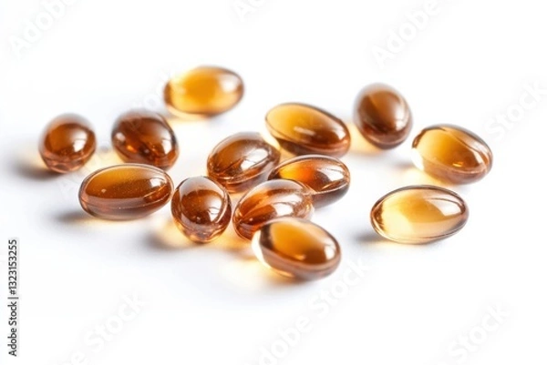 Fototapeta Allergy support capsules scattered on clean white background with realistic lighting