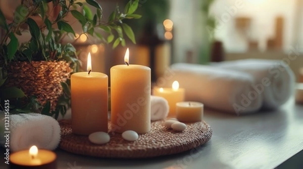 Fototapeta Relaxing Spa Scene with Candles, Towels, and Decorative Elements for Tranquil Ambience and Wellness Retreat