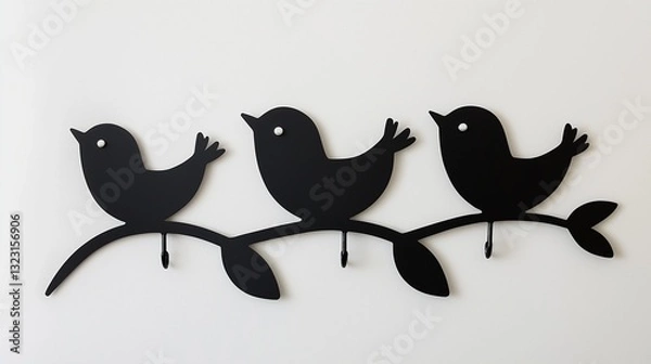 Fototapeta Whimsical metal sticker of three adorable birds with towel hooks integrated as their tails, minimalist and modern kitchen wall decor.