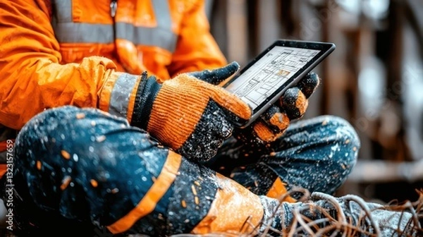 Fototapeta A worker wearing gloves looks at blueprints on a tablet