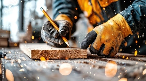 Fototapeta A carpenter wearing gloves marks a wooden plank with a pencil