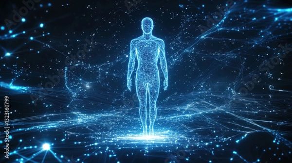 Fototapeta Abstract digital human hologram floating in the center of space, surrounded by glowing blue light particles and a cosmic background